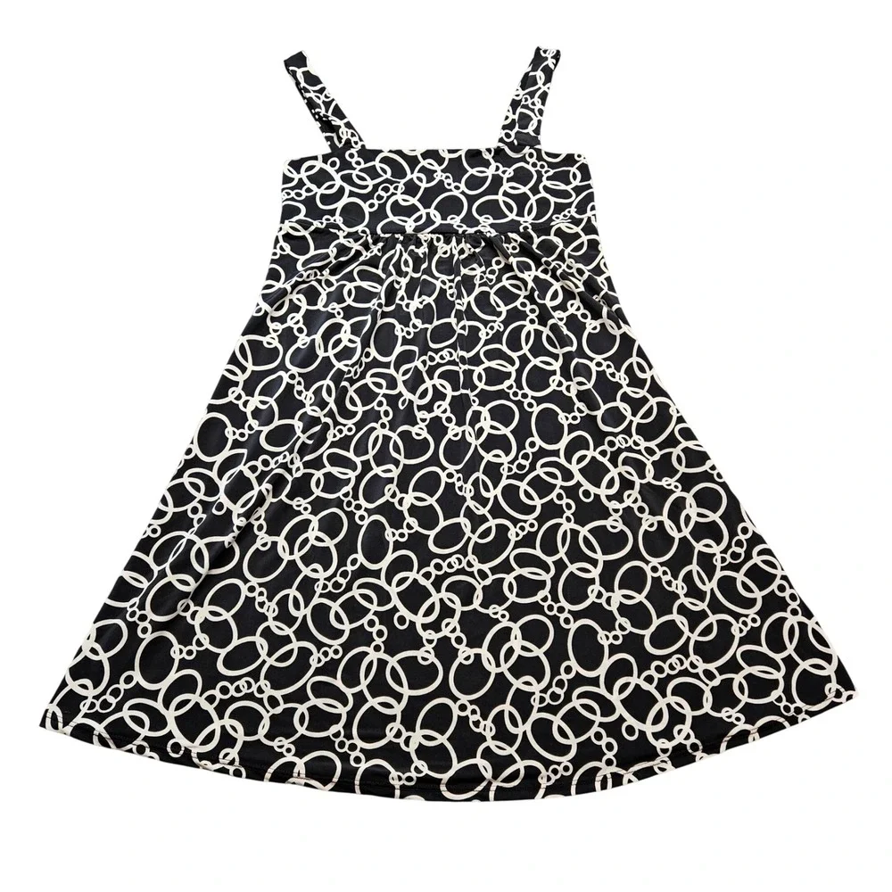 Black‎ White Geometric Chain Circle Print Sleeveless Midi Dress Womens Small
